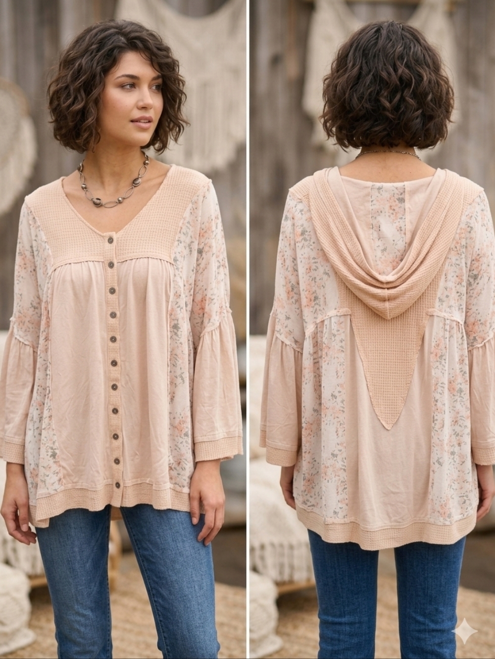 POL Clothing Hooded Multi Fabric Oversized Tiered Bell Sleeve Shirt Size Small